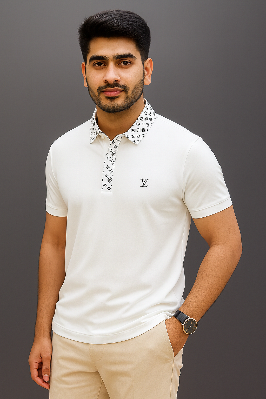 Monogram Accent Luxury White Polo T-Shirt
