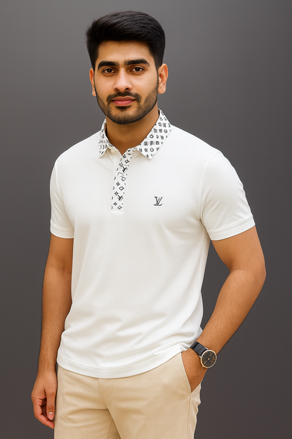 Monogram Accent Luxury White Polo T-Shirt