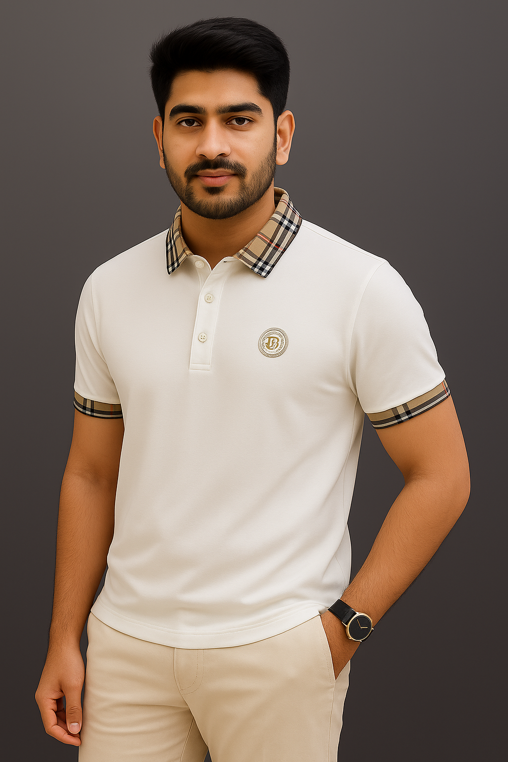 Elegant Plaid Accent Casual Polo T-Shirt