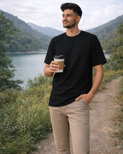 Premium Cotton Round Neck T-Shirt for Men – Black | Yansa