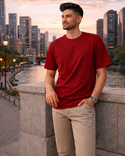 Premium Cotton Round Neck T-Shirt for Men – Red | Yansa