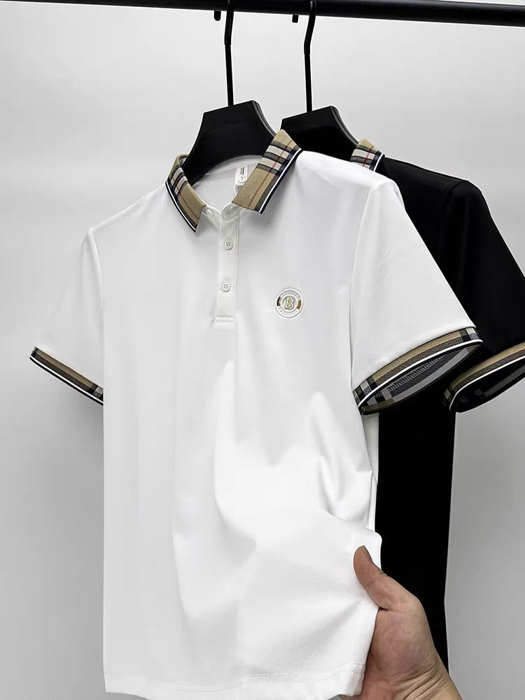 Elegant Plaid Accent Casual Polo T-Shirt