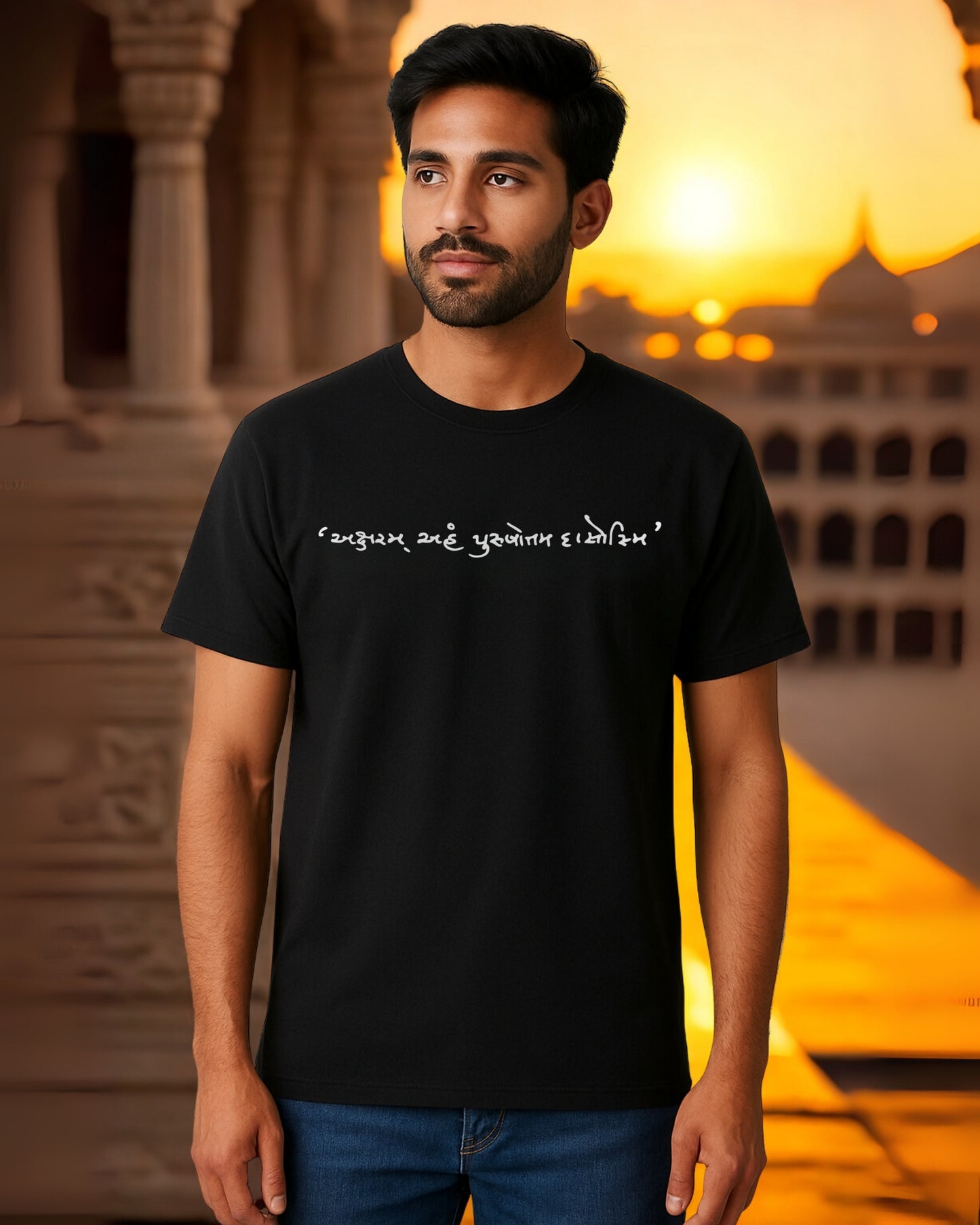 Aksharm Aham Purshotam Dasosmi Text Tshirt - Black | Yansa