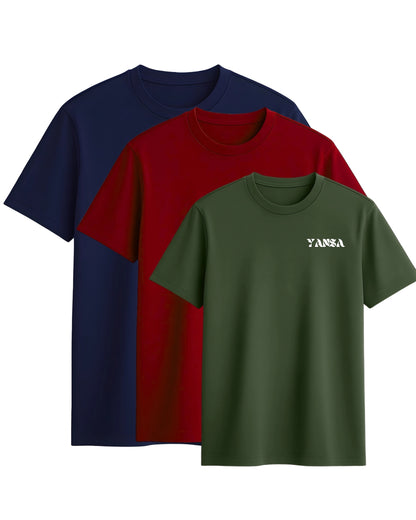 Yansa 3-Piece Premium Cotton T-Shirt Combo – Navy | Maroon | Olive